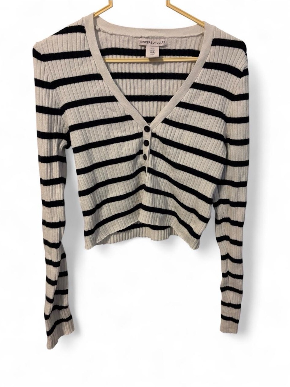 Sincerly Jules Black & White Striped Ribbed V-Neck Button Crop Sweater